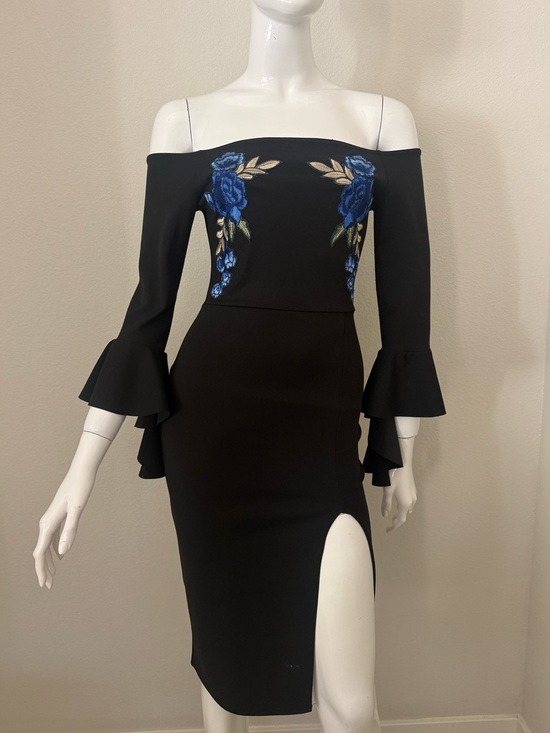 Missguided Dresses & Skirts - Missguided Black Off Shoulder Dress with Blue Rose Embroidery